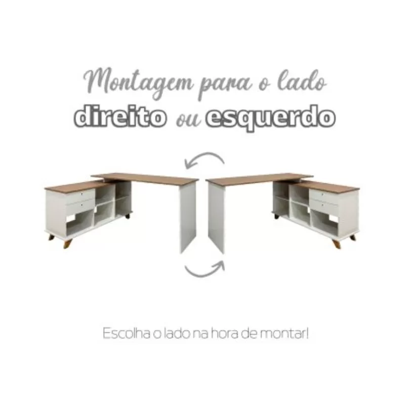 Escrivaninha em L Retrô para Home Office ou Escritório 2 Gavetas - Gold Artany
