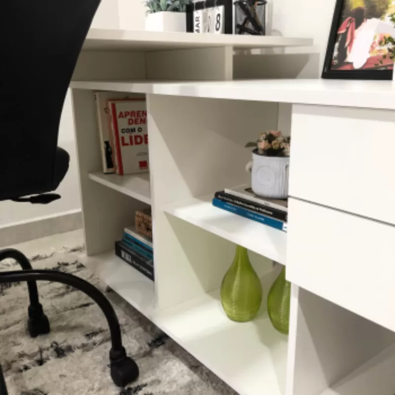 Escrivaninha em L Retrô para Home Office ou Escritório 2 Gavetas - Gold Artany