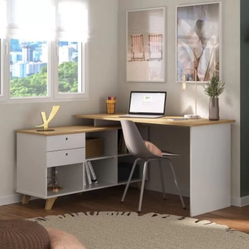 Escrivaninha em L Retrô para Home Office ou Escritório 2 Gavetas - Gold Artany
